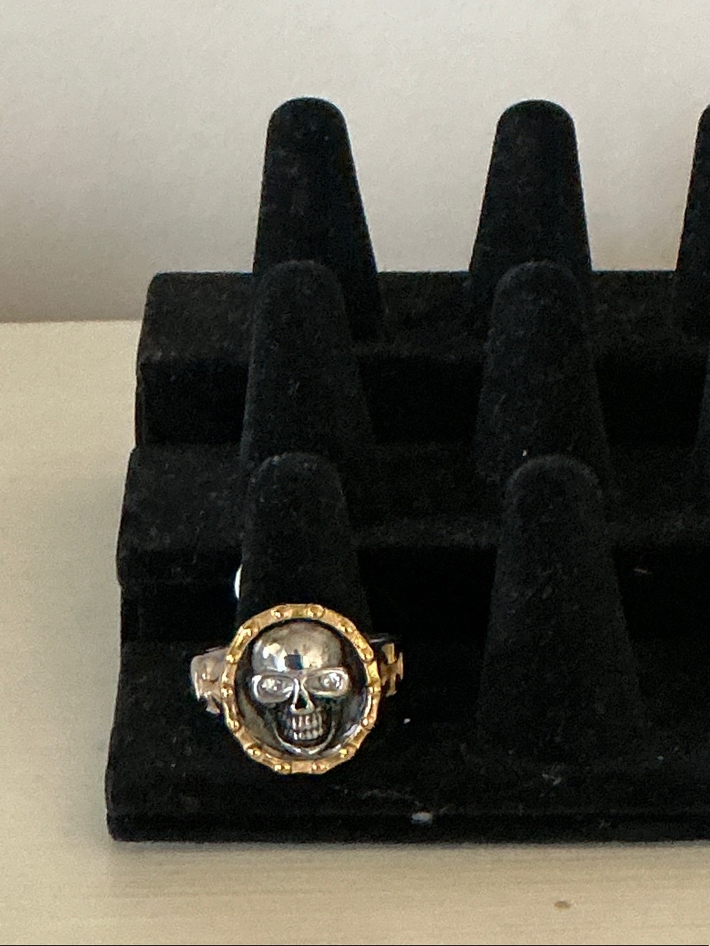 Stainless Steel Skull Ring with Gold Halo & CZ Eyes - Men's Fashion Jewelry